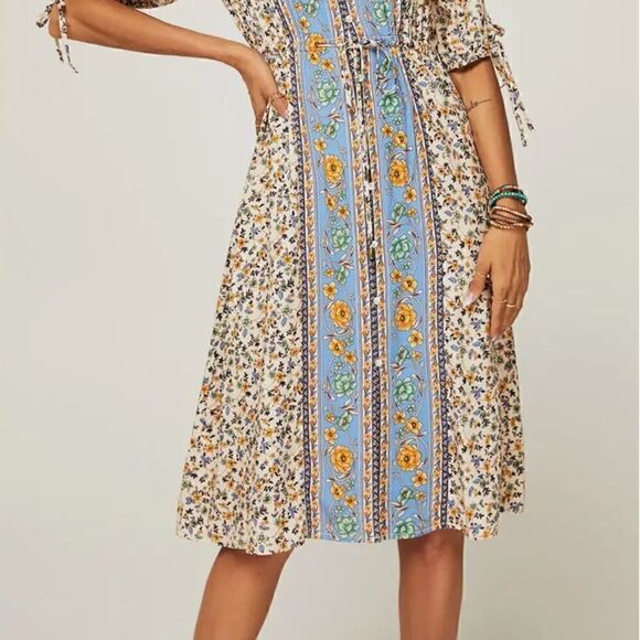 NEW! Boho Relaxed Blue Block Color Floral Printed Skater Knee Length  Dress - Picture 2 of 5